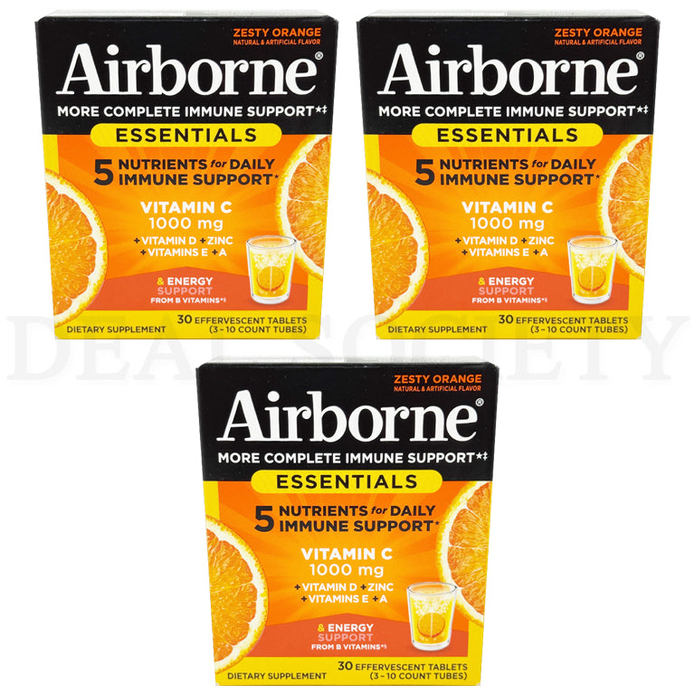 Get comprehensive immune support with the Airborne 3 Pack Zesty Orange Vitamin C Immune Support, each pack containing 30 tablets with antioxidants, Vitamin D, Zinc, and more.